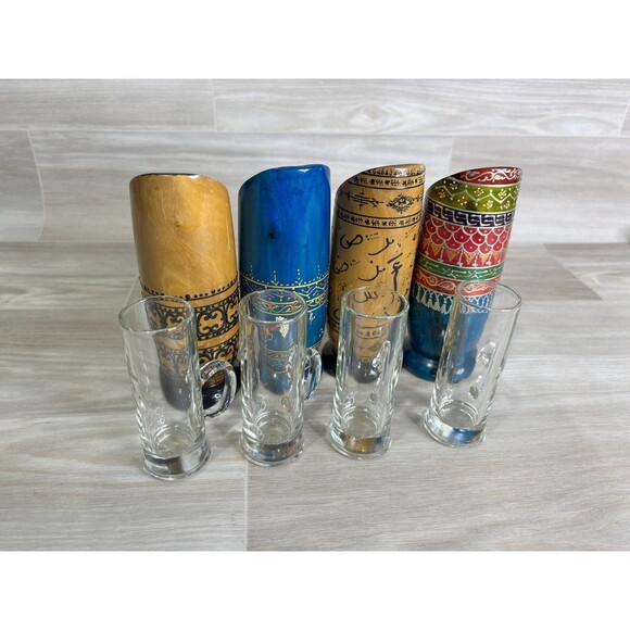 Handmade North Africa Olive Wood 4 Shot Mugs Hand Crafted Glass Mugs Colorful - Picture 3 of 10